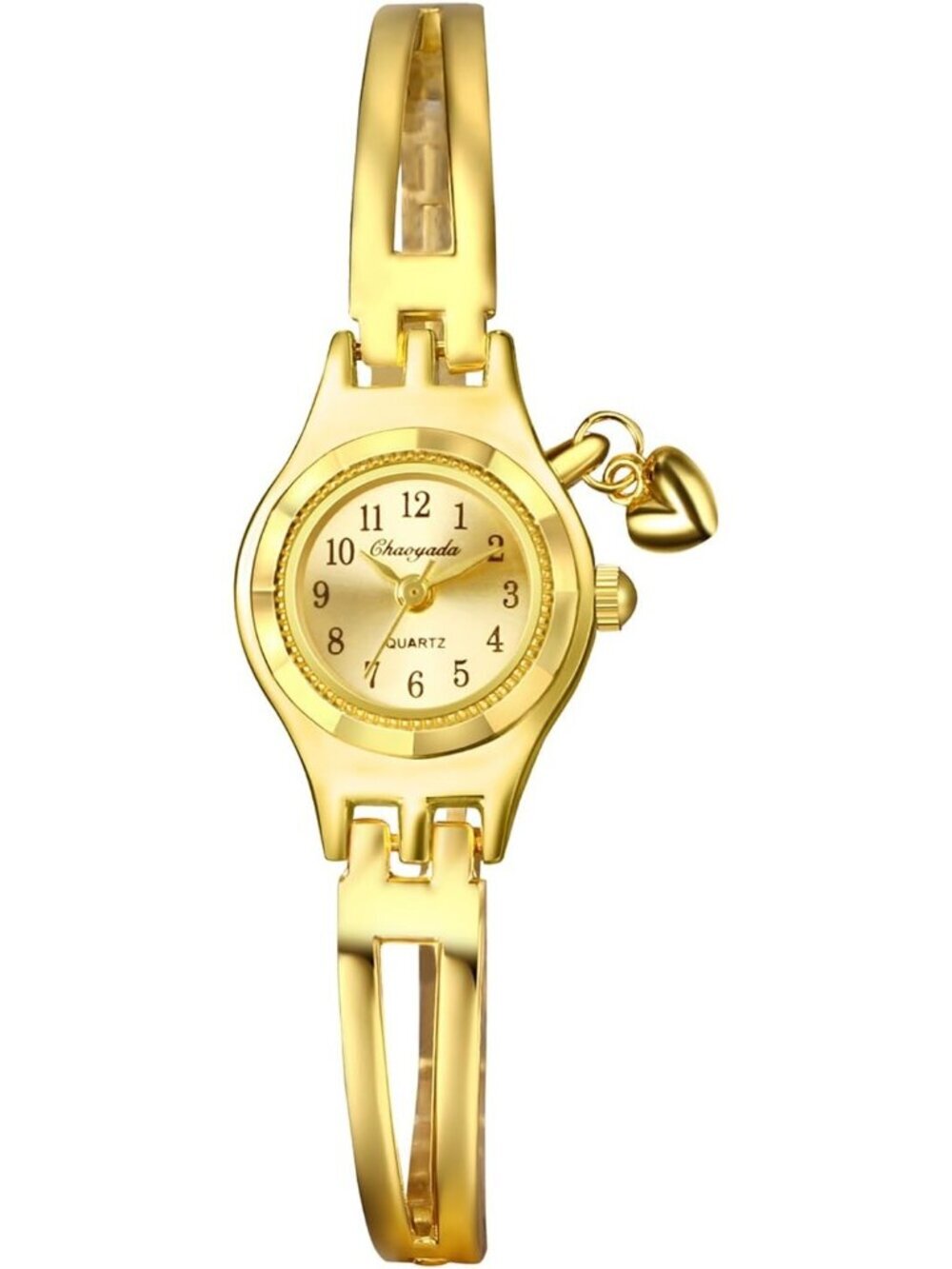 Womens All Gold Analog Quartz Stainless Steel Heart Pandant Bracelet Wrist Watch